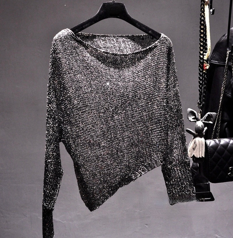 Blusa asimétrica de lentejuelas, negro (antigua)