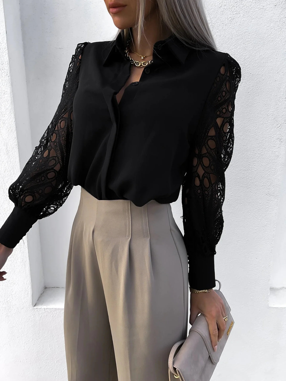 Camisa con mangas de encaje calado Alba, negro, otra vista (antigua)