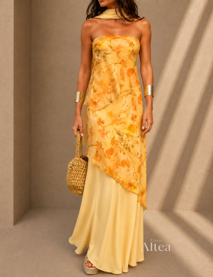 Vestido maxi floral con escote palabra de honor Amelia (foto del proveedor)