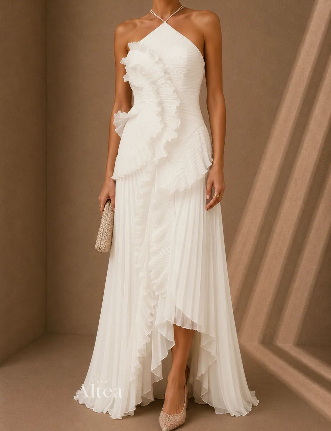 Vestido maxi plisado con volantes Celeste (foto del proveedor)