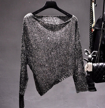 Blusa asimétrica de lentejuelas, negro (antigua)