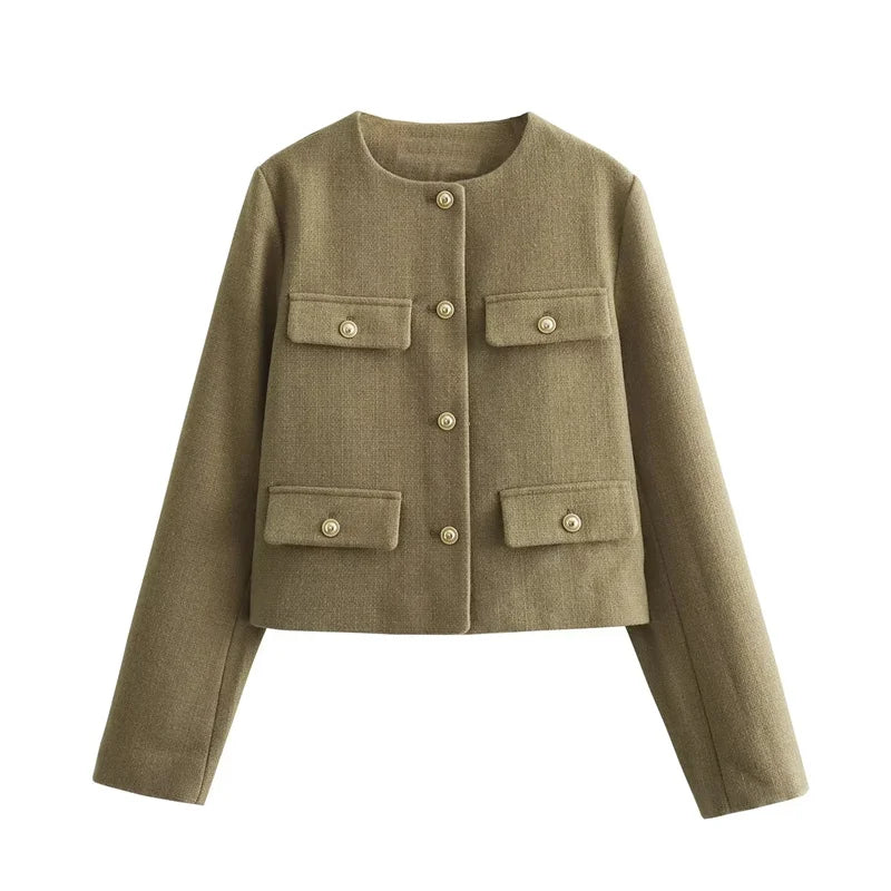 Chaqueta de tweed con botones dorados Margot - Verde caqui