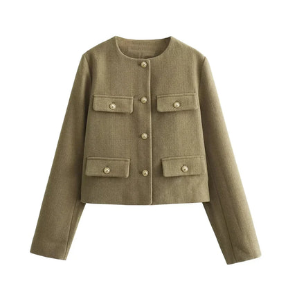Chaqueta de tweed con botones dorados Margot - Verde caqui