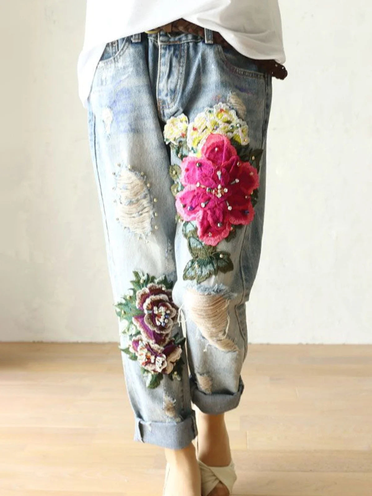 Pantalón vaquero bordado Luna
