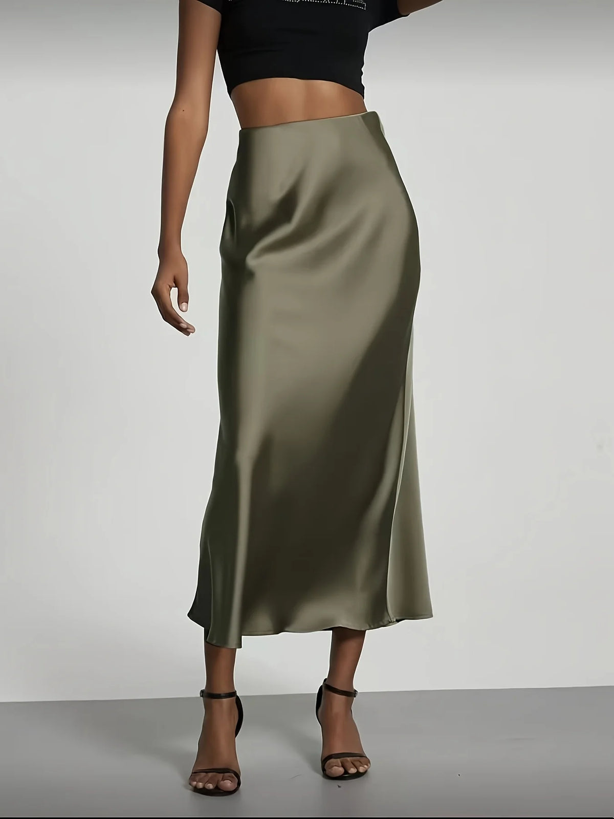Falda midi de satén Bianca - Verde oliva