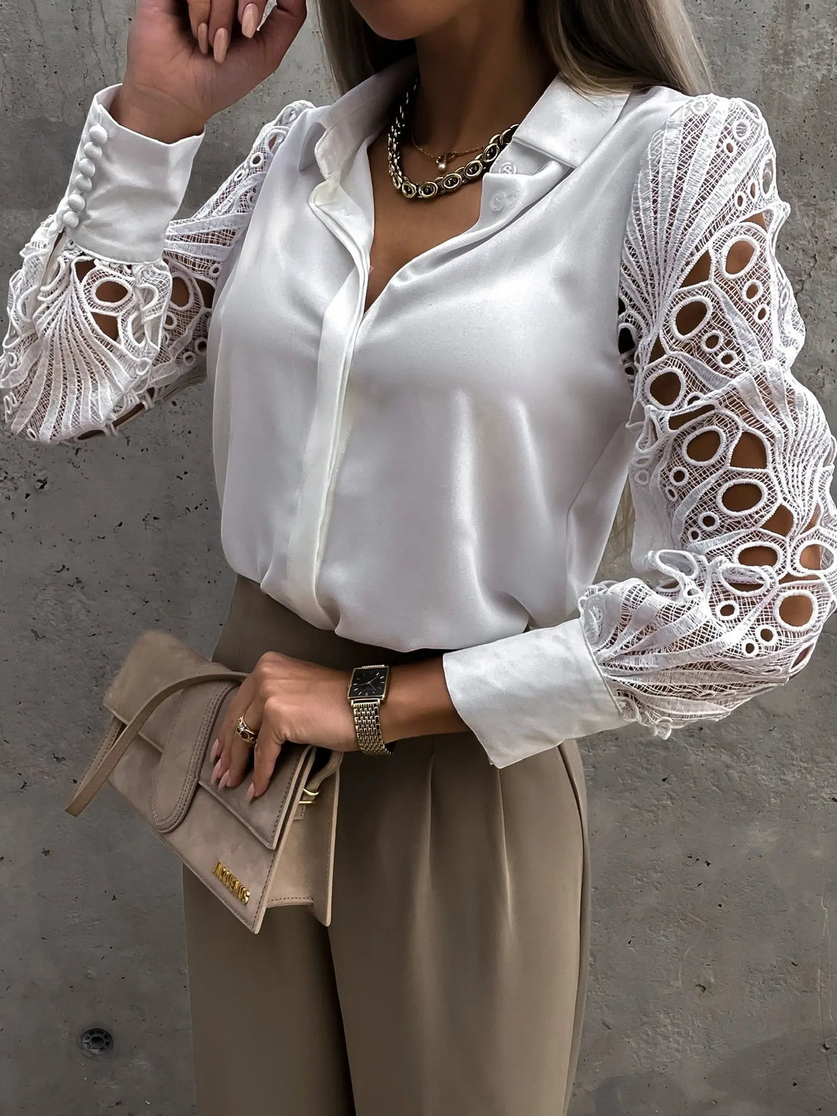 Camisa con mangas de encaje calado Alba - Blanco