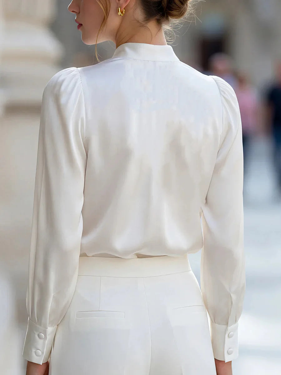 Espalda de la blusa Greta en blanco y puño abotonado - Blanco