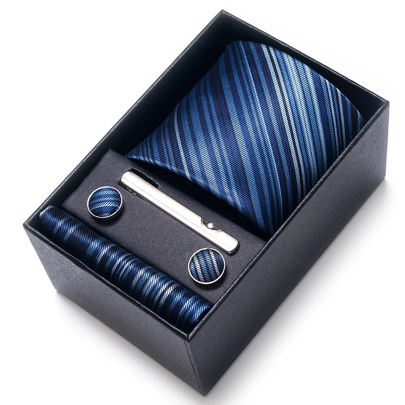 Set de corbata, pañuelo y gemelos Vittorio - Rayas azul marino