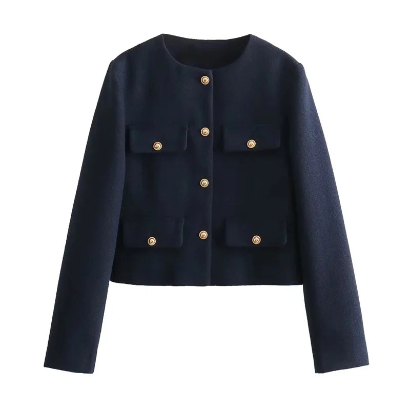Chaqueta de tweed con botones dorados Margot - Azul marino
