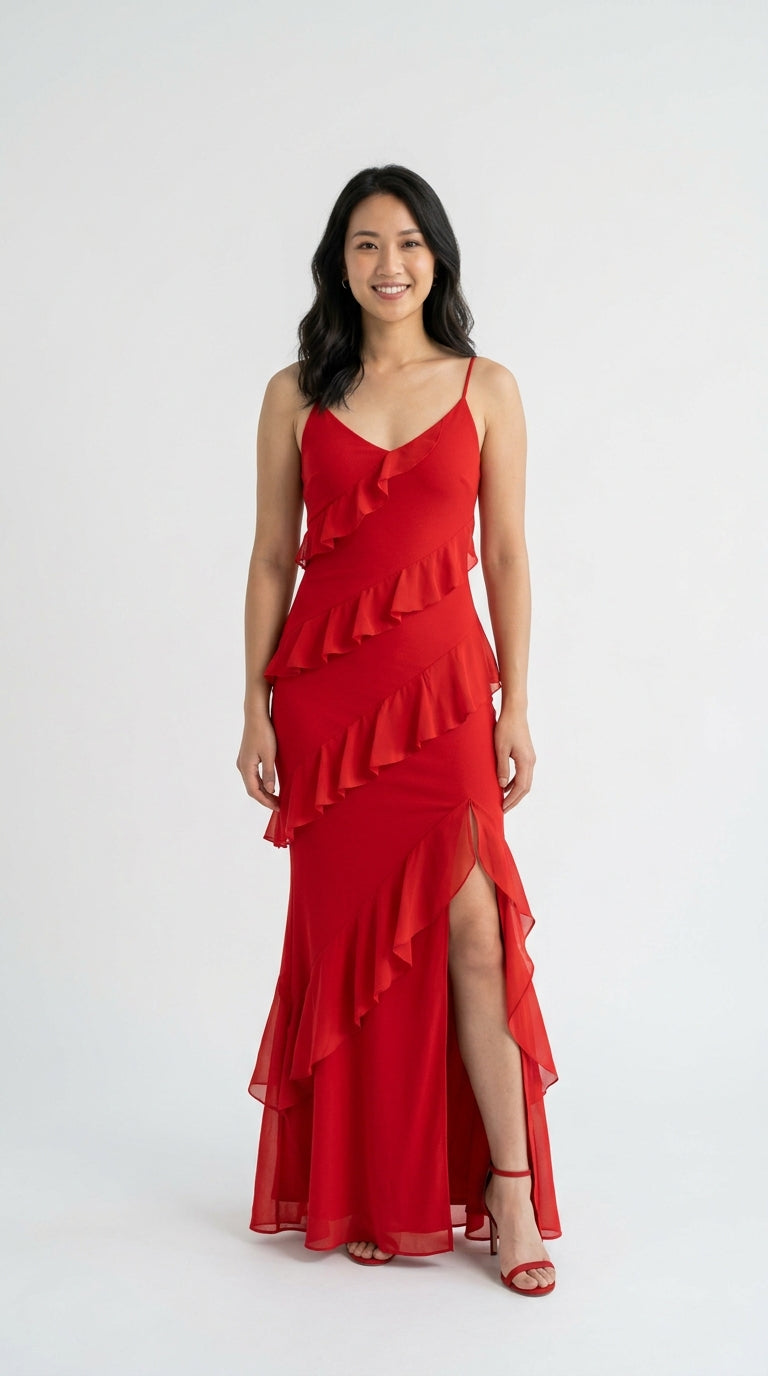 Elegant Maxi Dress - vestido rojo largo con volantes modelo mujer - Rojo