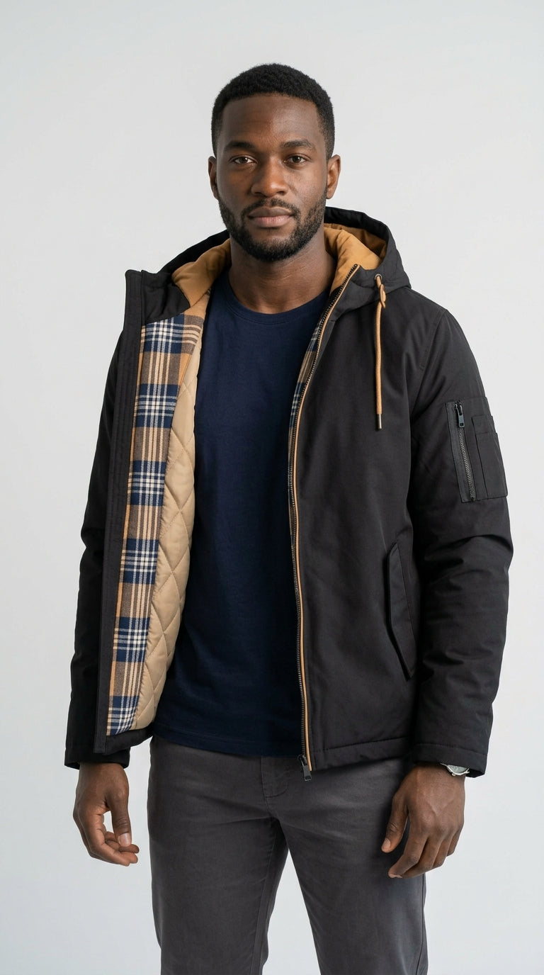 Frostline Explorer Jacket - chaqueta negra con capucha camel y forro a cuadros - Negro