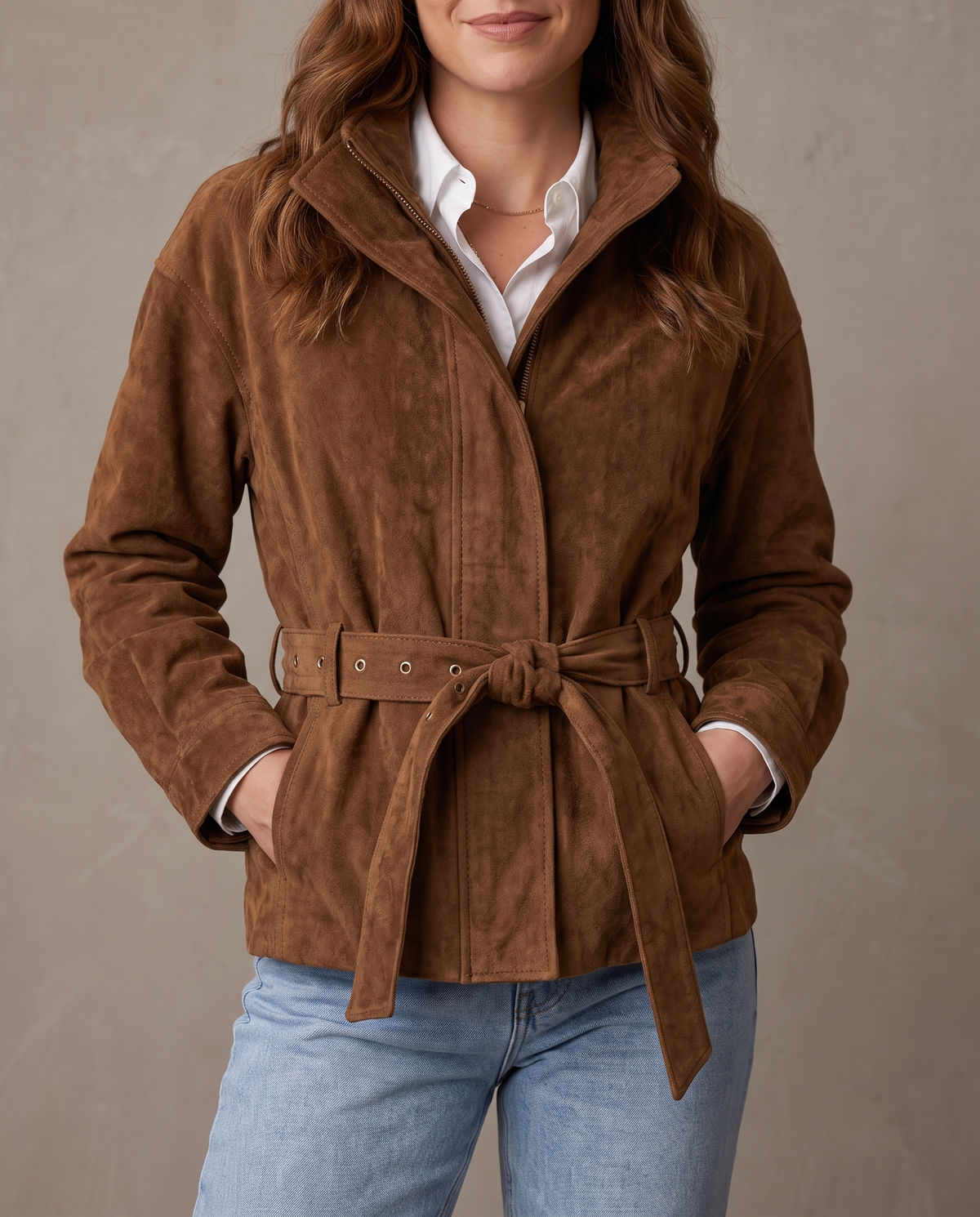 Chaqueta de ante sintético con cinturón Gala