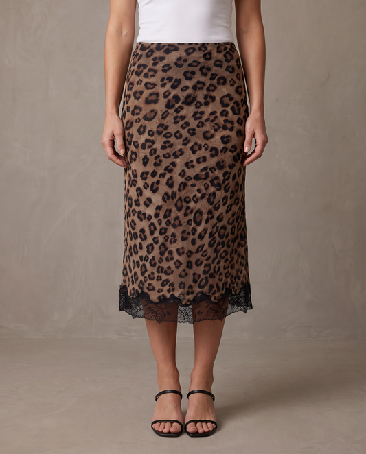 Falda midi de leopardo con encaje Mara
