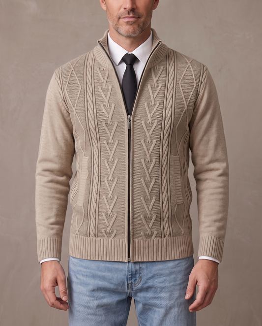 Chaqueta de punto trenzado con cremallera Léon - Beige