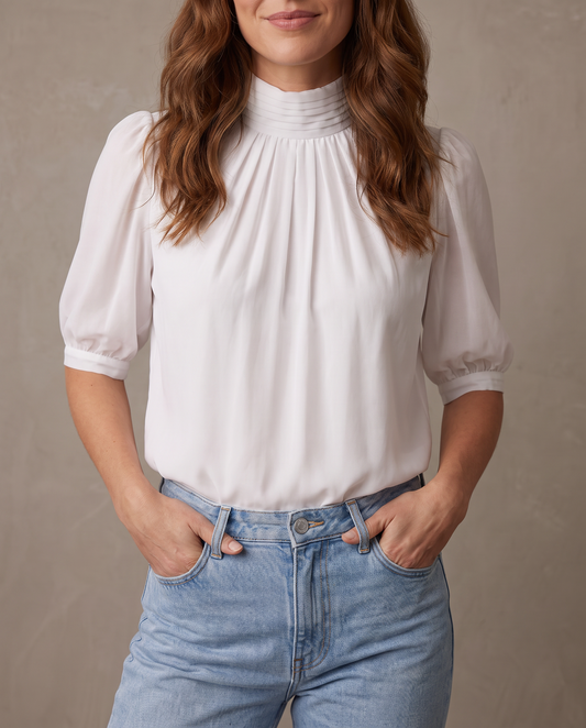 Blusa de gasa con cuello fruncido Adela - Blanco