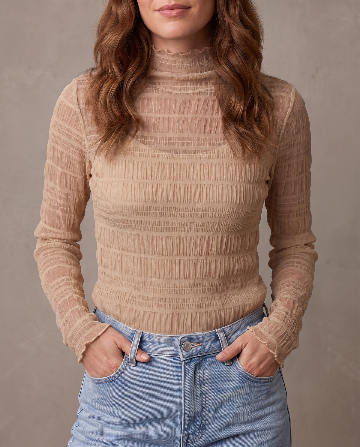 Top de tul fruncido Ariadna - Beige