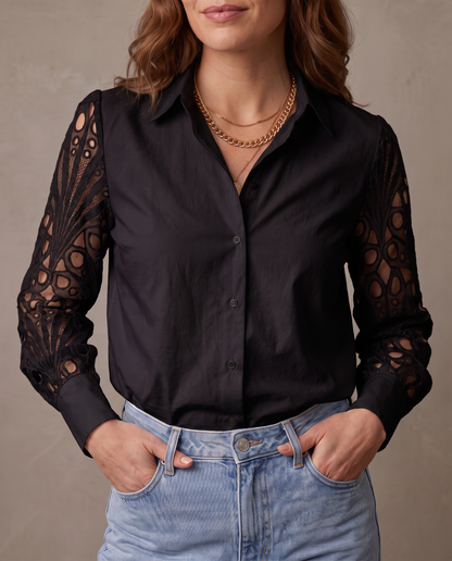 Camisa con mangas de encaje calado Alba - Negro