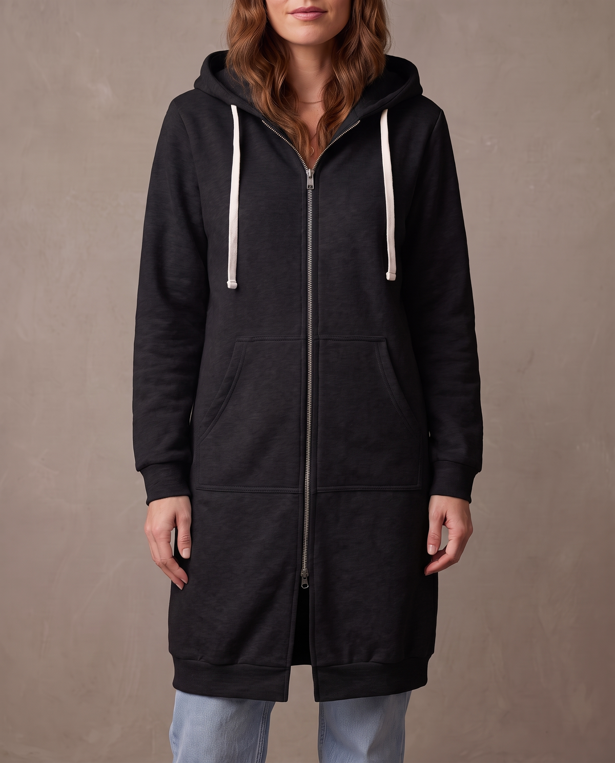 Abrigo sudadera largo con capucha Olivia - Negro