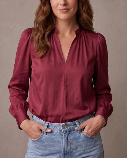Blusa de satén con manga abullonada Greta - Borgoña