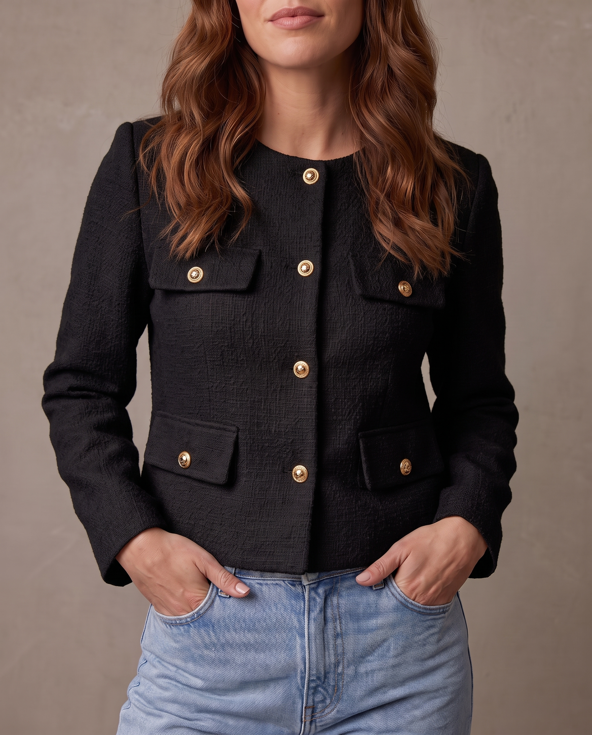 Chaqueta de tweed con botones dorados Margot - Negro