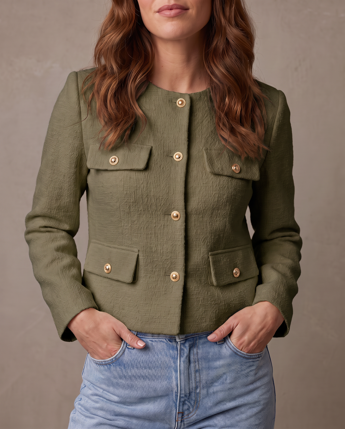 Chaqueta de tweed con botones dorados Margot - Verde caqui