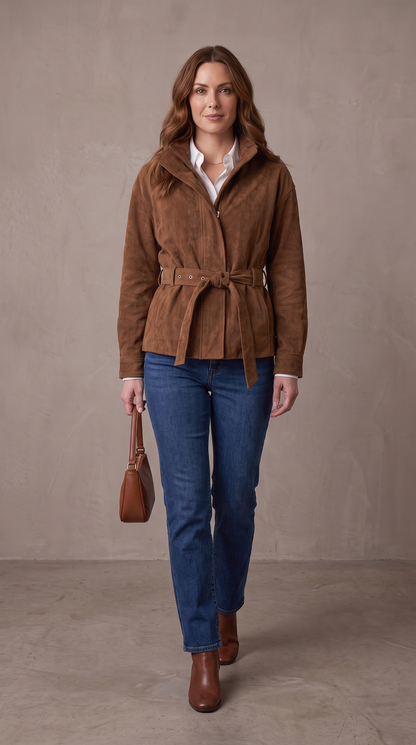 Chaqueta de ante sintético Gala con vaqueros y botines
