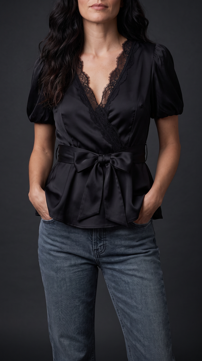 Blusa de satén y encaje Clara en negro - Negro