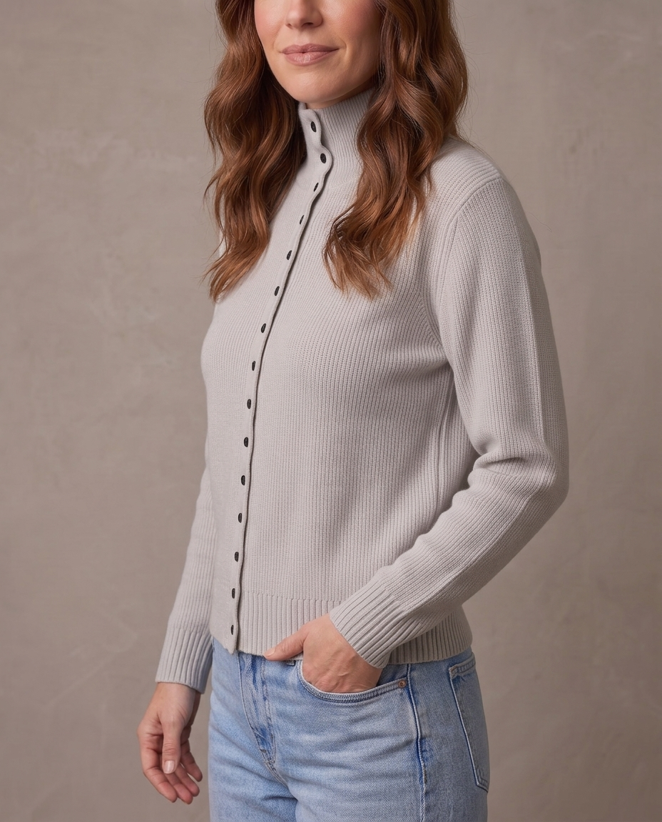 Jersey de cuello alto con botones Ingrid, vista de tres cuartos - Gris claro