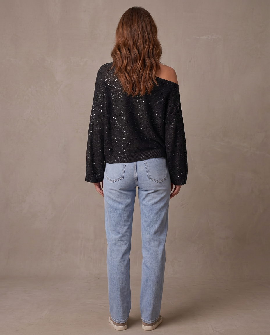 Blusa asimétrica de lentejuelas, otra vista - Negro