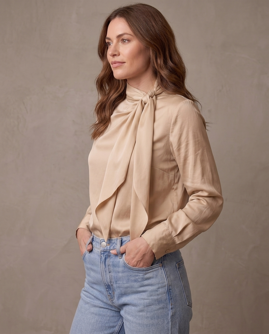 Blusa de satén con lazada al cuello Inés, vista de tres cuartos - Beige