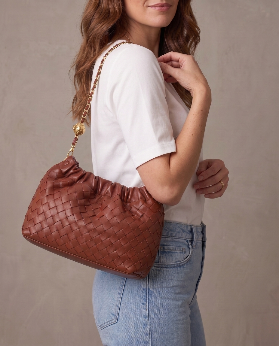 Bolso trenzado con cadena Olivia, otra vista - Marrón