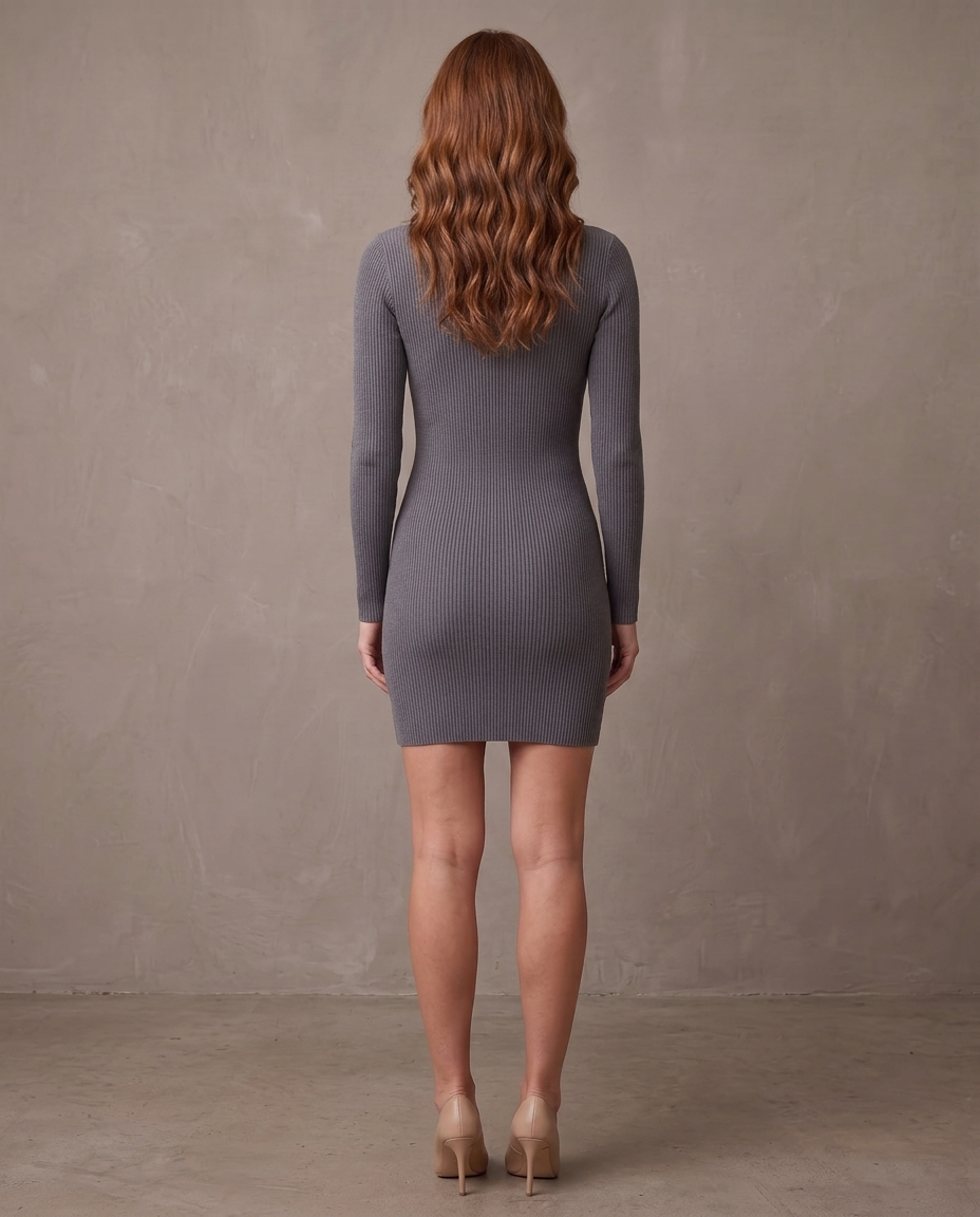 Vestido corto de canalé con cuello alto Abril, otra vista - Gris