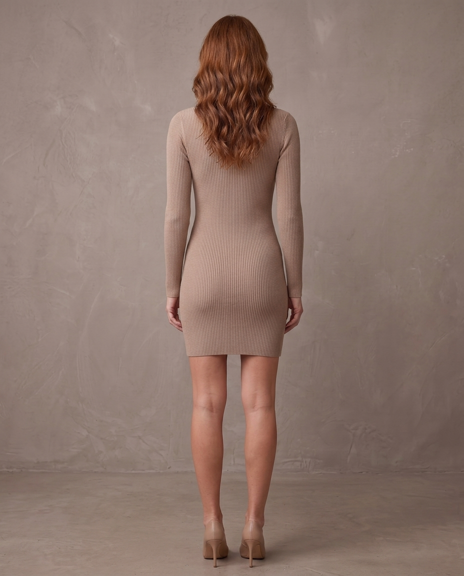 Vestido corto de canalé con cuello alto Abril, otra vista - Beige