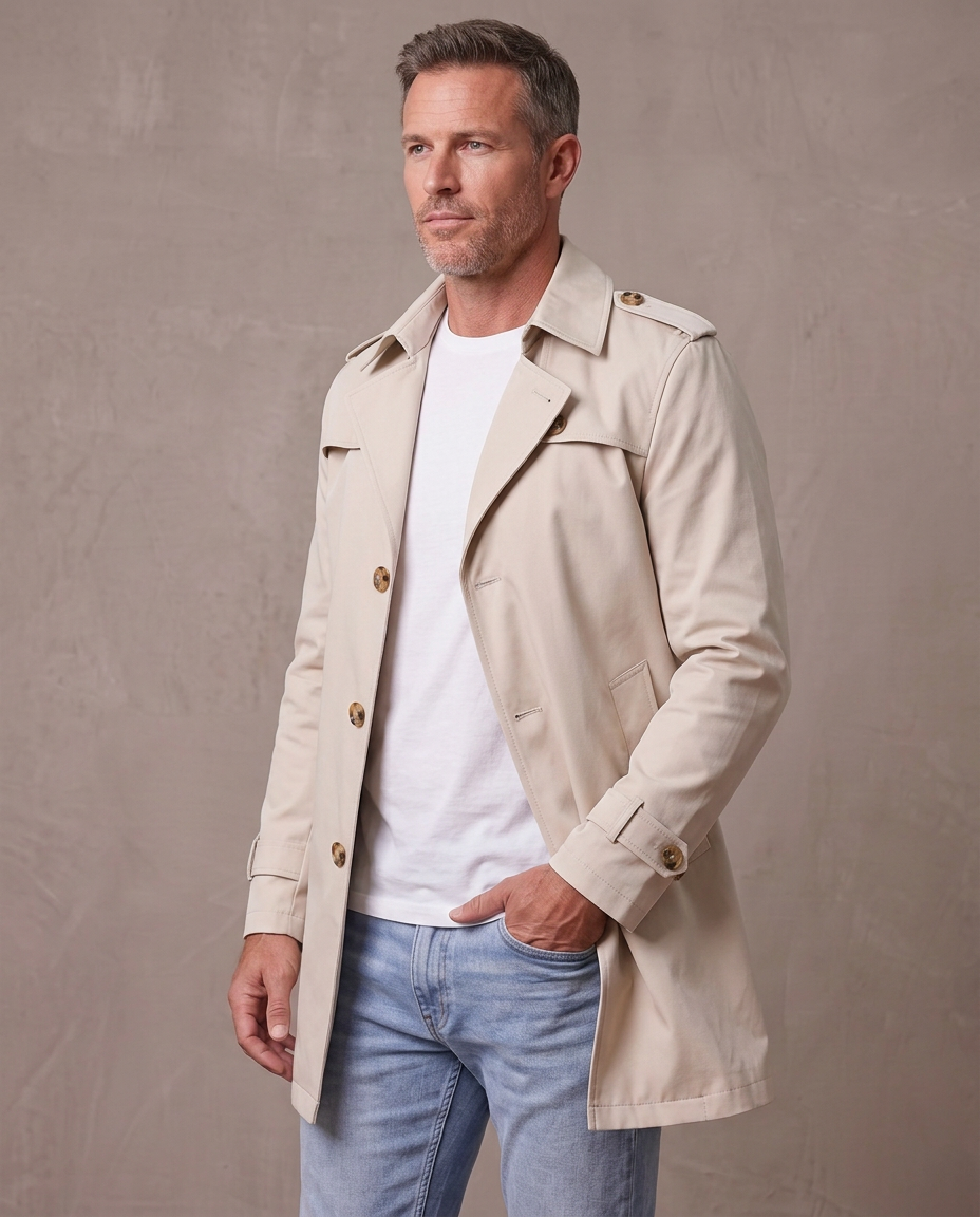 Gabardina corta estilo inglés Víctor, vista de tres cuartos - Beige