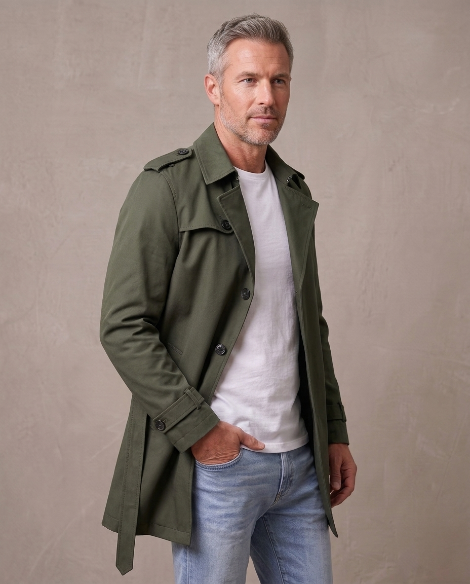 Gabardina corta estilo inglés Víctor, vista de tres cuartos - Verde militar