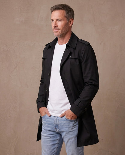 Gabardina corta estilo inglés Víctor, vista de tres cuartos - Negro
