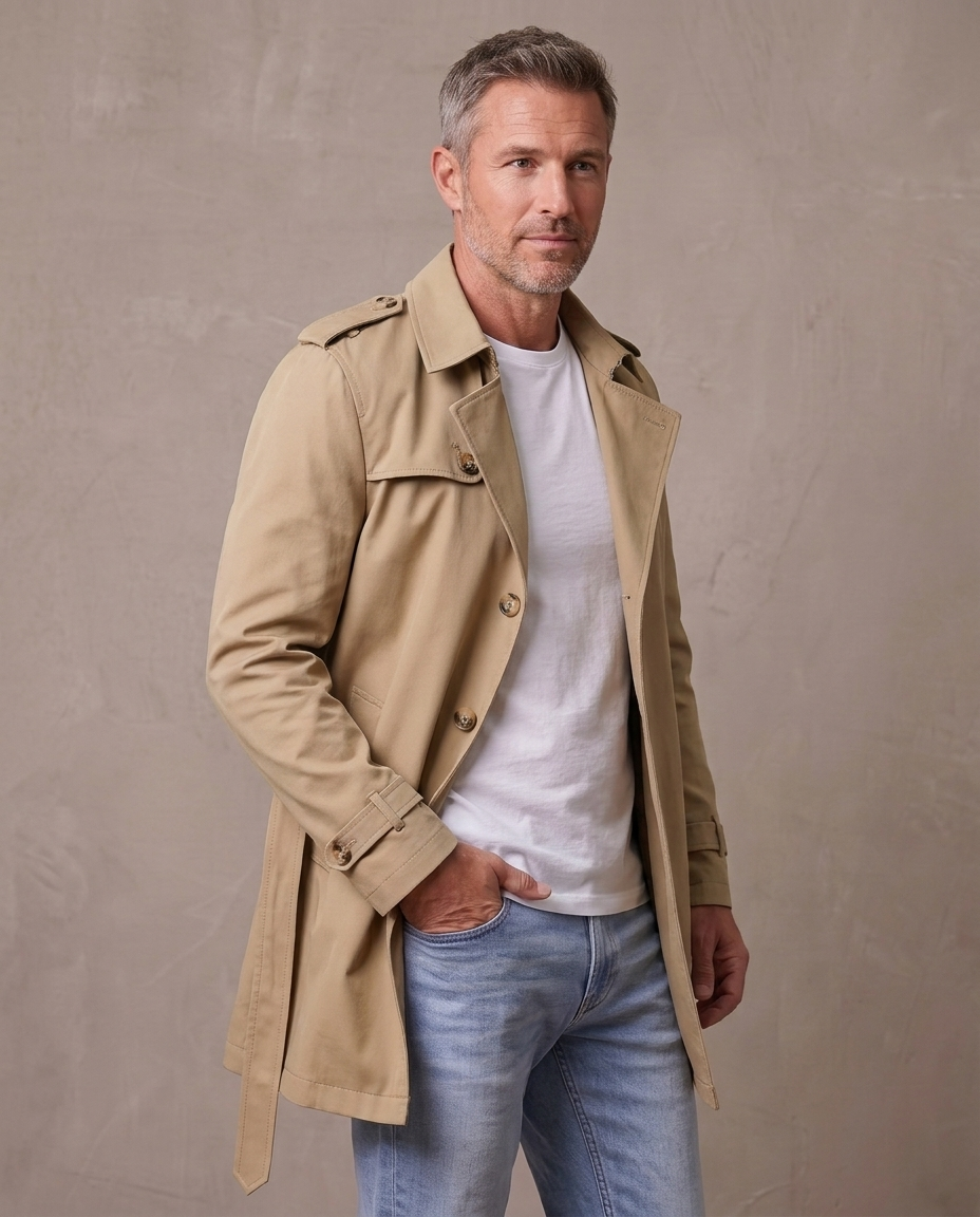 Gabardina corta estilo inglés Víctor, vista de tres cuartos - Caqui