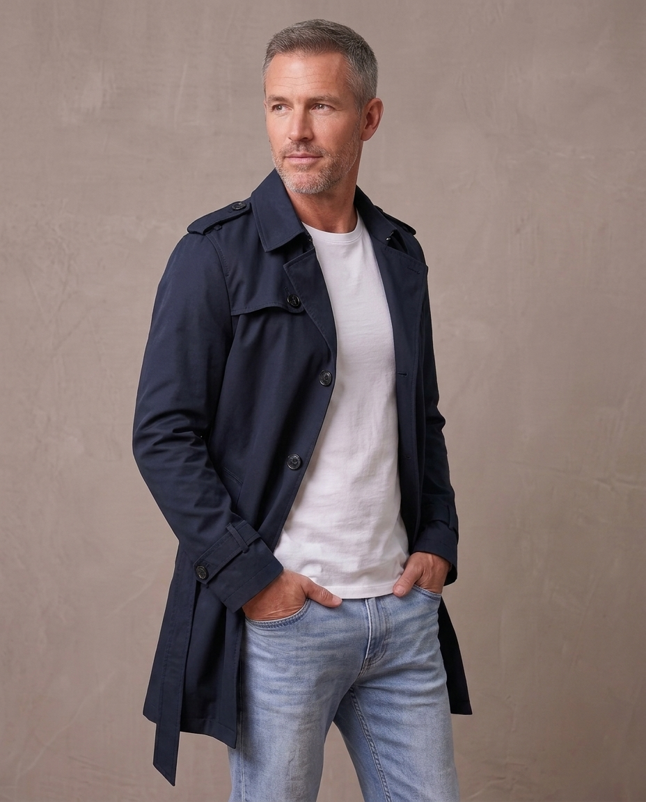 Gabardina corta estilo inglés Víctor, vista de tres cuartos - Azul marino