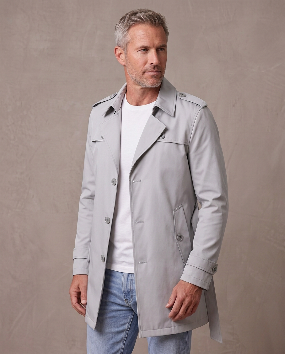Gabardina corta estilo inglés Víctor, vista de tres cuartos - Gris claro