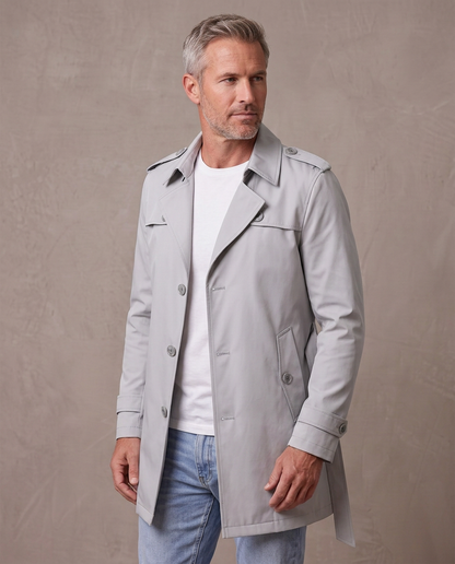 Gabardina corta estilo inglés Víctor, vista de tres cuartos - Gris claro