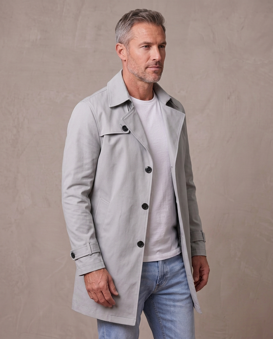 Gabardina de solapa con botones Álvaro, vista de tres cuartos - Gris claro