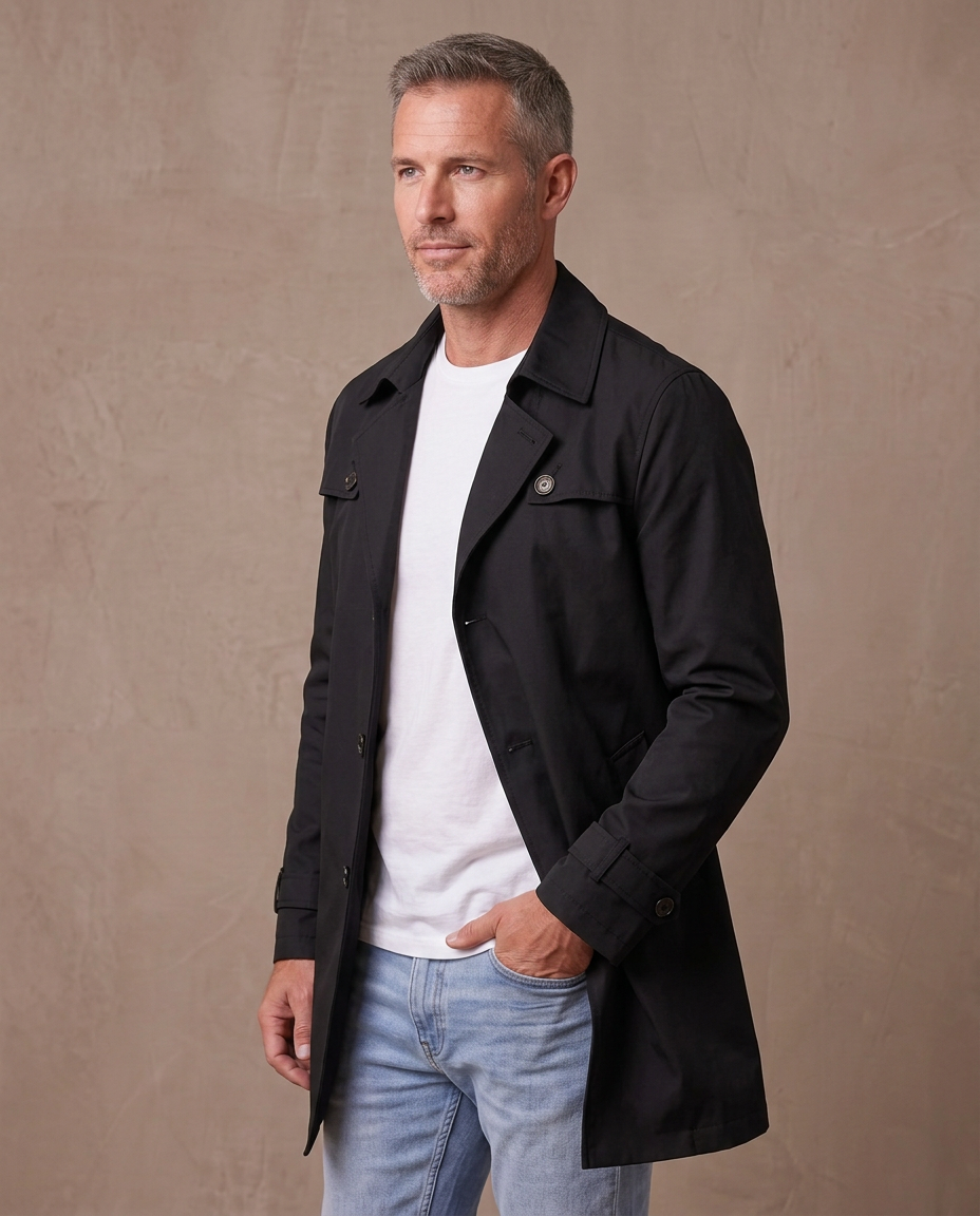 Gabardina de solapa con botones Álvaro, vista de tres cuartos - Negro