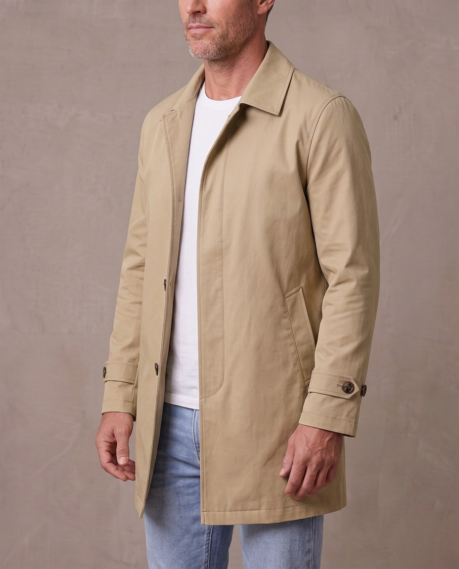 Gabardina de solapa con botones Álvaro, vista de tres cuartos - Caqui