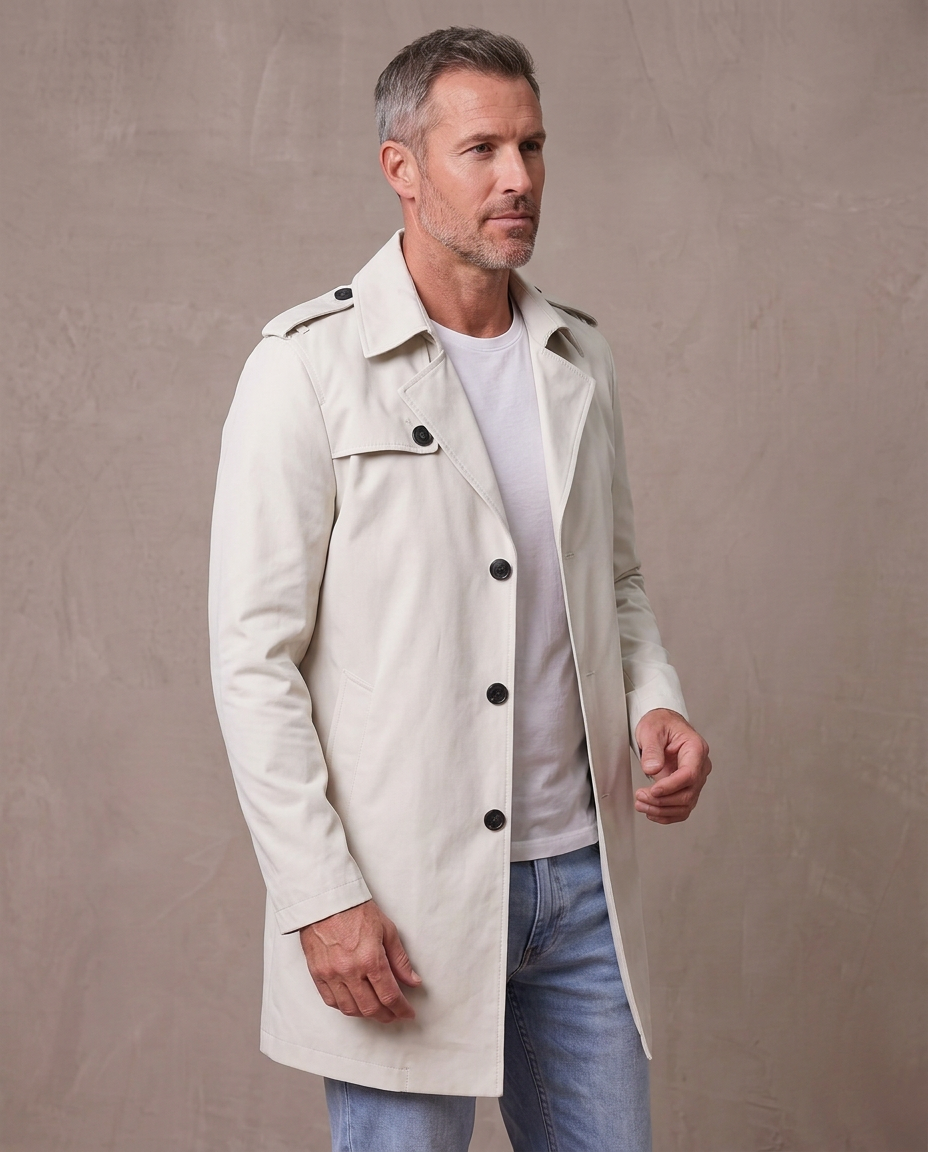 Gabardina de solapa con botones Álvaro, vista de tres cuartos - Beige