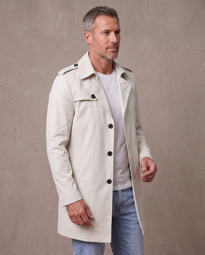 Gabardina de solapa con botones Álvaro, vista de tres cuartos - Beige