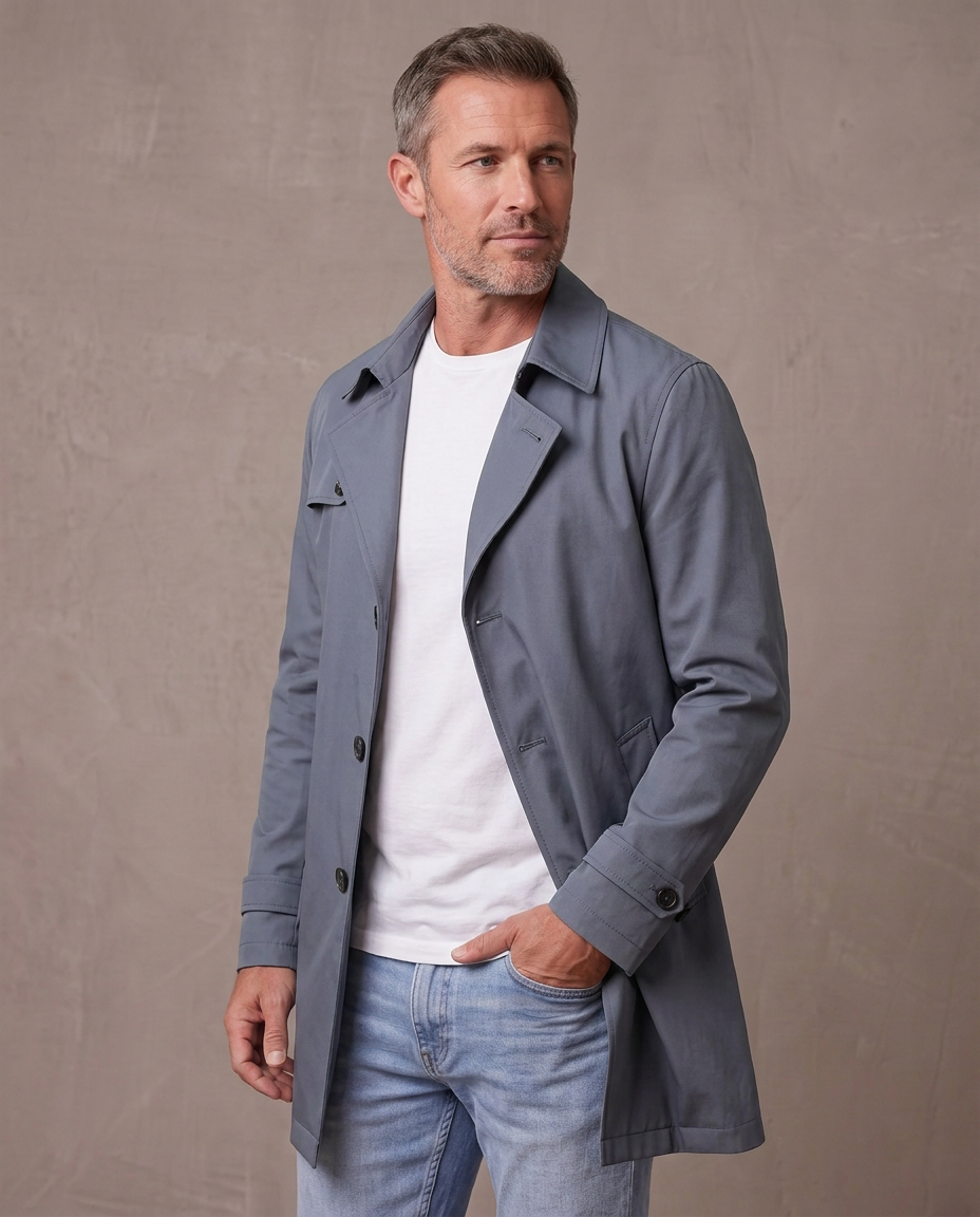 Gabardina de solapa con botones Álvaro, vista de tres cuartos - Azul grisáceo