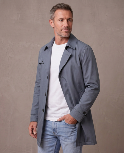 Gabardina de solapa con botones Álvaro, vista de tres cuartos - Azul grisáceo