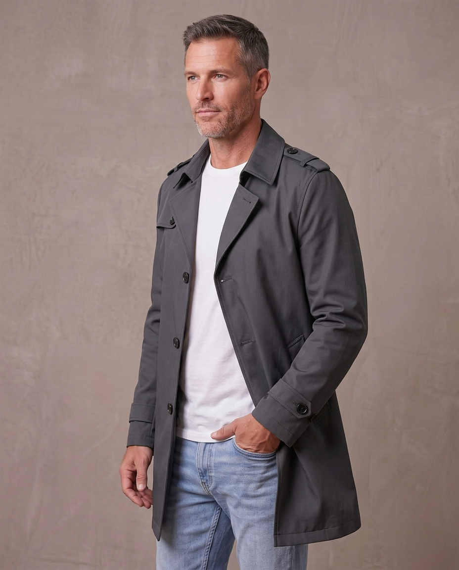 Gabardina de solapa con botones Álvaro, vista de tres cuartos - Gris oscuro