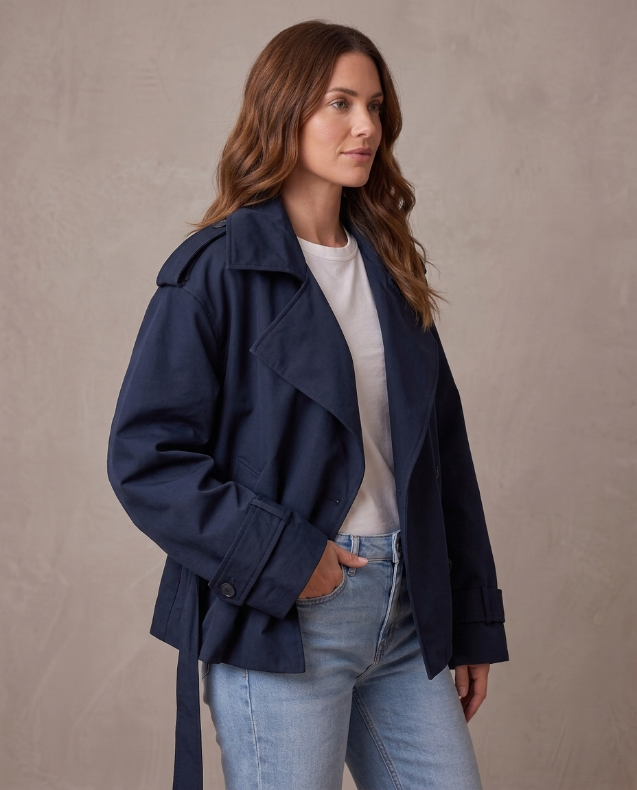 Gabardina de solapa ancha con cinturón Emma, vista de tres cuartos - Azul marino