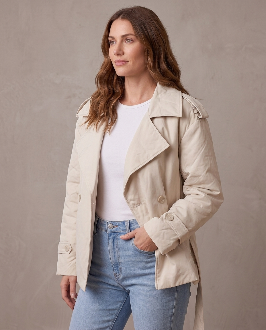 Gabardina de solapa ancha con cinturón Emma, vista de tres cuartos - Beige